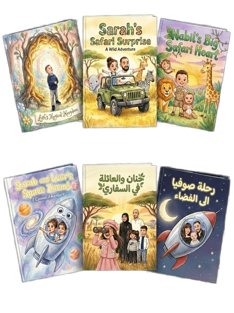 Collection of custom generated storybooks featuring real kids